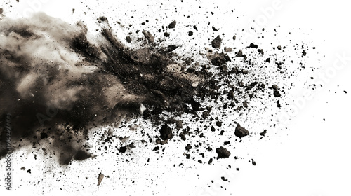 Explosion of dust and particles against a black background, with blurred effects