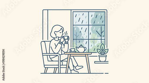 Woman sitting alone at small table.