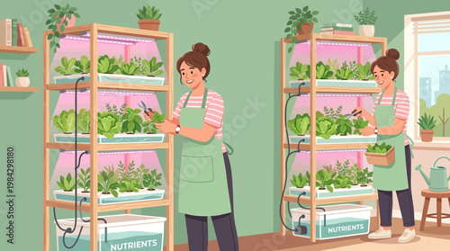 Woman tending to plants on shelves.