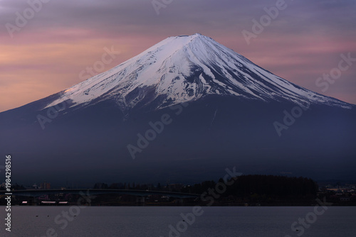 Iconic view of Mount Fuji and Lake Kawaguchi at sunrise, Japan.