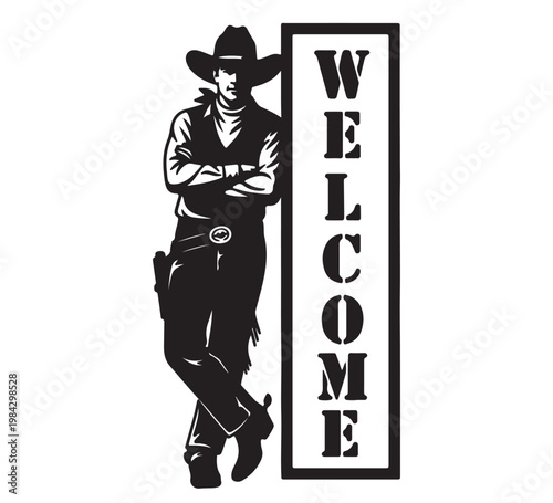 Welcome Cowboy Silhouette Graphic Design for Western Decor, Ranch Entrance Signs, and Country-Themed Events