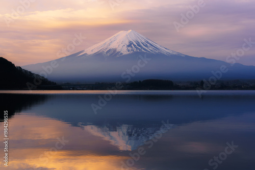 Mount Fuji reflected on Lake.