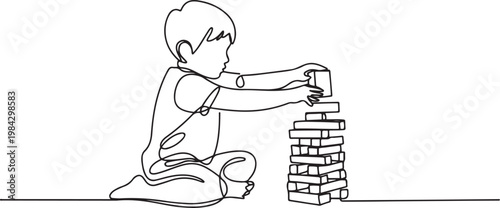 Continuous one line of a child building with wooden blocks, representing creative problem-solving in homeschooling.one line drawing vector illustration