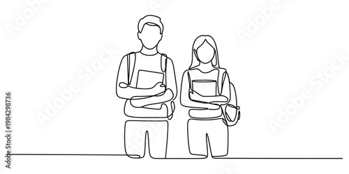 Continuous line drawing of two students with backpacks and books