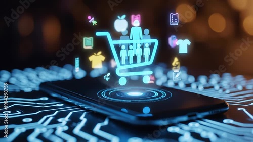 Futuristic Digital Shopping Concept with Smartphone and Holographic Icons