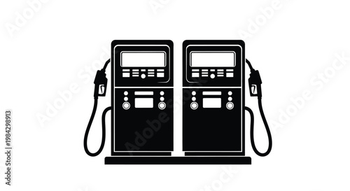 This graphic displays two adjacent black gas pumps with hoses creating a stark visual representation of fuel stations silhouette high quality professional detailed modern