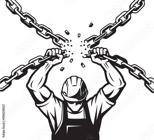 Breaking free, industrial strength, chain breaking, worker illustration, empowerment symbol