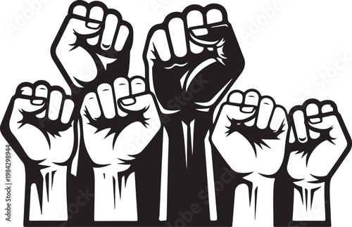 Black and white raised fists, protest signs, activism symbols, vector graphics, social movement icons