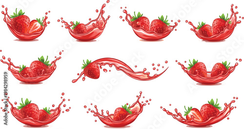 Fresh Strawberry Raspberry Juice Splash Wave Collection with Berries and Leaves Summer Drink Vector Illustration SetFresh Strawberry Raspberry Juice Splash Wave Collection with Berries and 