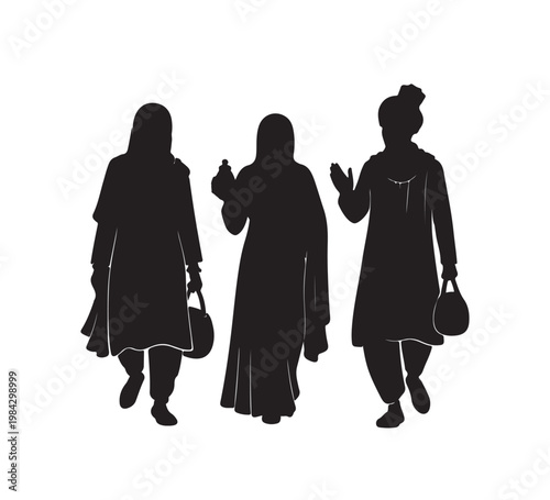 Elegant silhouettes of three women in traditional cultural attire, walking gracefully and conversing, embodying unity and feminine strength within a community