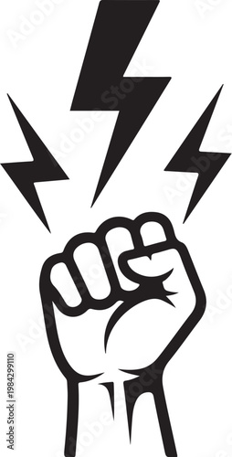 Fist, lightning bolts, protest symbol, vector icon, black and white