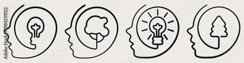 A set of icons with concepts of the human brain, mental health, and ecological thinking. Line art profile of a person with symbols of a light bulb, tree, plant. Vector illustration in the collection.