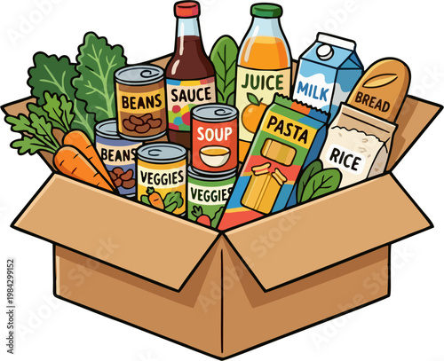 Cardboard Box Full of Grocery Food Items Including Canned Goods, Fresh Vegetables, Pasta, Rice, Bread, Milk, Juice, and Sauce — Food Bank Donation Concept