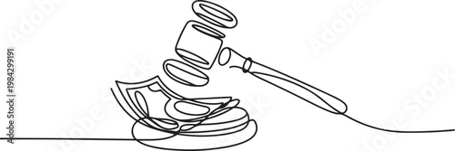Continuous one line of a gavel surrounded by currency notes.one line drawing vector illustration
