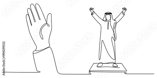 One continuous line drawing of a man celebrating and a hand