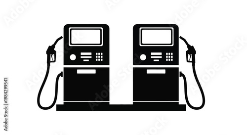 A stark black and white illustration depicts two gas pumps side by side showcasing a modern fuel station design silhouette high quality professional detailed