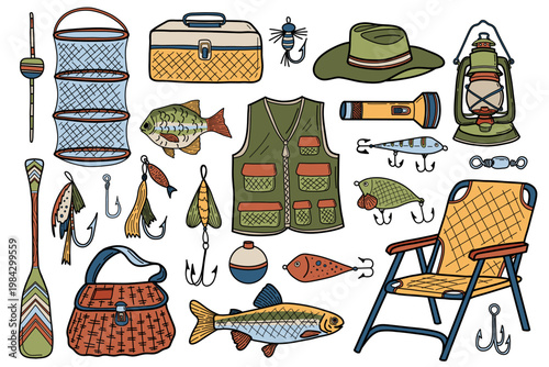 Vintage hand drawn vector fishing lure box, hat, waistcoat, portable chair, floats, lures, oar, rubber boots illustrations. Fishing equipment doodle set. Collection of gear for sport fishing.