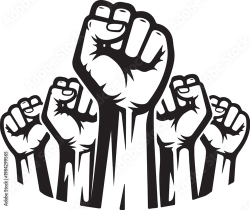 Black and white raised fists, protest symbols, vector graphics, activism icons, social movement illustrations