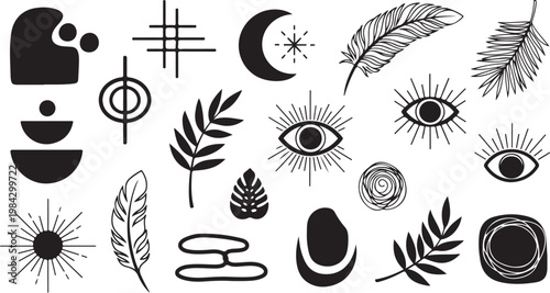 Boho minimalist icons, mystical symbols, moon phases, feather collection, black vector graphics