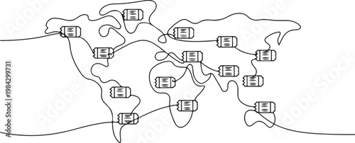 Continuous one line of a global map connected by ticket icons, representing worldwide ticket distribution.one line drawing vector illustration