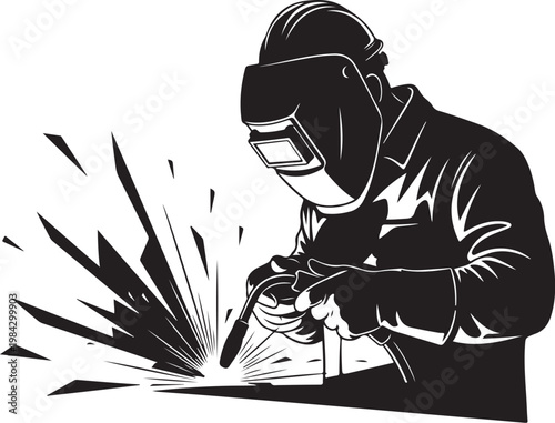 Welding, industrial worker, metalwork, black and white vector, welder, safety gear, manufacturing