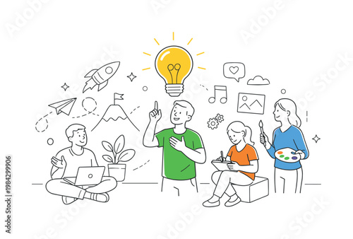 A personal development and creative mindset scenario where individuals explore ideas and build a fulfilling lifestyle through imagination and design, depicted through a