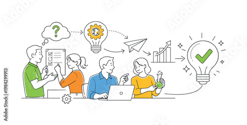 Team collaborating to generate, test, and improve ideas as part of a structured creative process in a professional setting, represented through a metaphor of connected