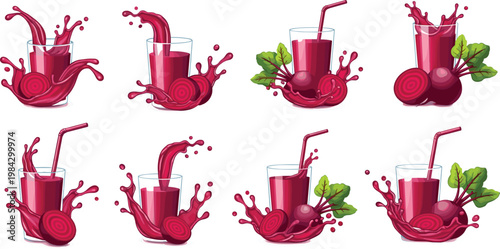 Fresh Beetroot Juice Glass with Splash Mint Leaves and Beet Slice Healthy Drink Vector Illustration Collection SetFresh Beetroot Juice Glass with Splash 
