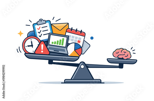 Work-related mental overload highlighting imbalance between tasks and mental capacity in professional settings, a balance scale tilted with multiple icons on one side and