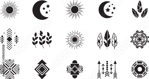 Black bohemian sun moon leaf mandala icons, 20 boho vector symbols