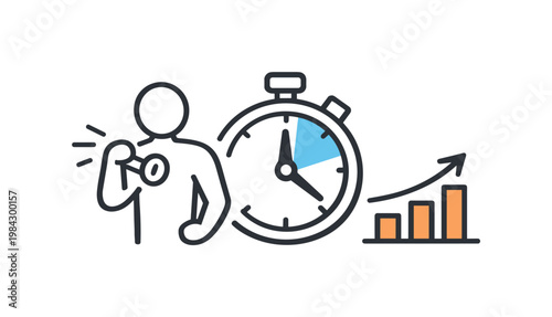 Workout activity process highlighting structured exercise routines and performance tracking for physical improvement and endurance, a stopwatch paired with a simple human