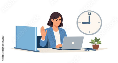 A professional setting healthy work boundaries during a structured workday, sitting at a desk with a laptop while a simple boundary divider and a clock symbol are placed