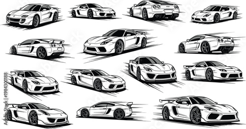 High Performance Sports Car and Supercar Silhouette Collection with Speed Lines Black White Vector Illustration Set for AutomotiveHigh Performance Sports Car and Supercar Silhouette 