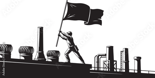 Industrial worker waving flag, factory rooftop silhouette, black and white vector, industrial scene