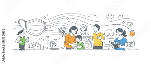 Respiratory illness prevention concept illustrating people adopting healthy habits and reducing risk through awareness and daily routines in a community setting, using a