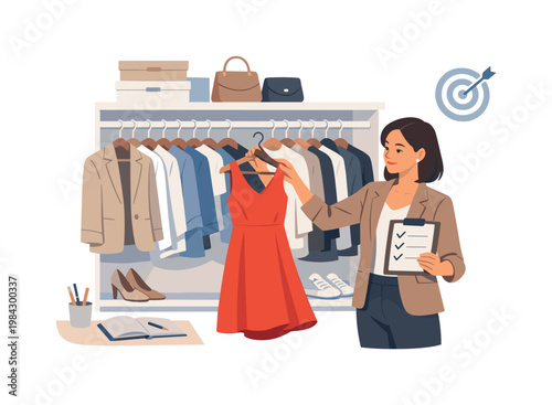 Closet organization and styling moment where a person refines wardrobe choices for efficiency and consistency, highlighting order, planning, and personal branding through