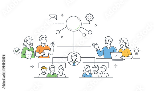 A team and community management concept where organizations visualize members and roles using structured avatar systems, represented by a minimal composition of grouped