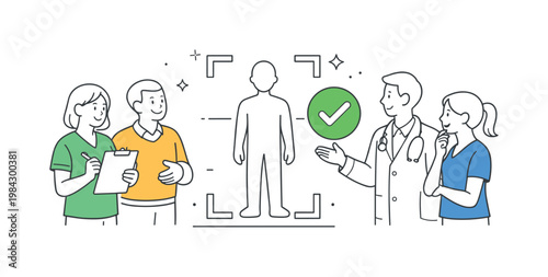 A patient care and health monitoring scenario where individuals undergo routine scans to ensure early detection and well-being, depicted through a simple scene with a