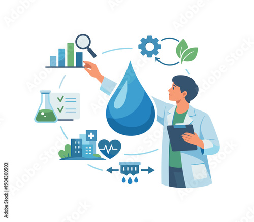 An individual analyzing water quality data and improving treatment methods, focusing on sustainability and public health outcomes, visual metaphor of a figure organizing
