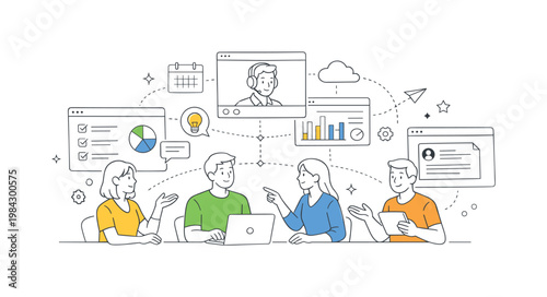 Remote teams coordinating projects and sharing information through digital tools in an online work environment, represented through a metaphor of interconnected screens