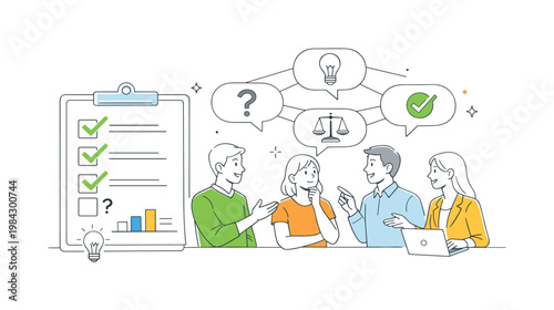 Office discussion decision making concept illustrating team members evaluating options and reaching conclusions through structured conversation, using a checklist and