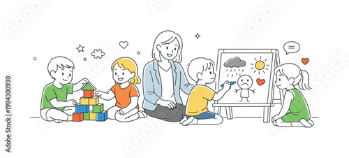 Play therapy for children focusing on emotional expression and psychological support through interactive activities, visualized through a toy block and a simple drawing