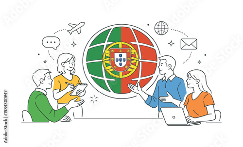 Group discussing international relations or cultural exchange involving Portugal in a modern context, visualized with a metaphor of a Portugal flag integrated into a