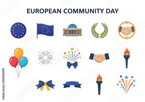 European Community Day Celebration Icons with Flags, Balloons, and Laurel Wreaths