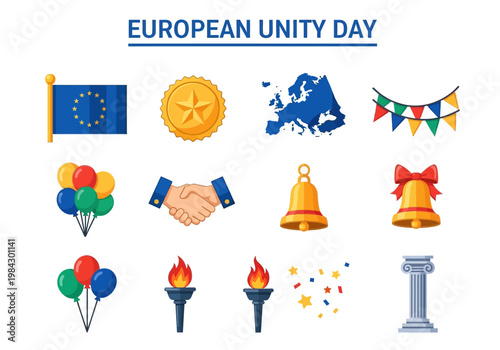 European Unity Day vector icons celebrating togetherness, peace, and cooperation