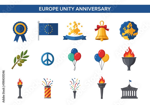 Europe unity anniversary symbols flags, globes, olive branches, peace, balloons, torches, fireworks, and buildings