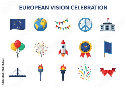European Vision Celebration Icons Representing Global Unity, Progress, and National Pride