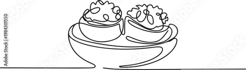 Continuous one line of a pair of stuffed mushrooms on a small bowl, symbolizing savory bite and elegance.one line drawing vector illustration