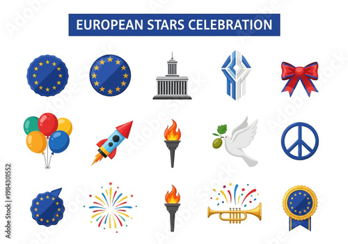 European Stars Celebration Vector Icons EU Flag, Rocket, Peace Sign, Balloons, Torch & Fireworks