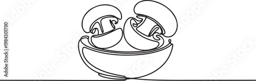 Continuous one line of a pair of stuffed mushrooms on a small bowl, symbolizing savory bite and elegance.one line drawing vector illustration